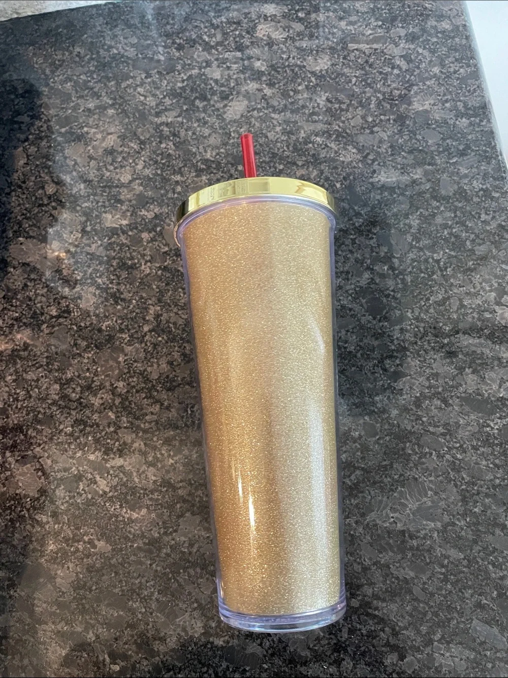 NEW Starbucks Gold Glitter Tumbler with Red Straw and Green Logo